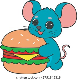 Cute Mouse sticker icon. Funny Mouse bring a burger 