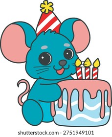 Cute Mouse sticker icon. Funny Mouse bring a birthday cake