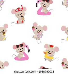 Cute mouse and summer vacation seamless pattern. Little rat with ice-cream, bubble milk tea, flamingo, and duck rubber ring.  Animal wildlife cartoon background.