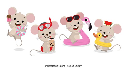 Cute mouse and summer vacation vector set. Little rat with ice-cream, bubble milk tea, flamingo, and duck rubber ring.  Animal wildlife cartoon character.
