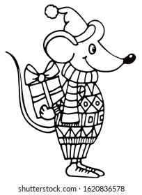Cute mouse in a sweater is holding a gift. Black and white vector for coloring, for card or gift. 