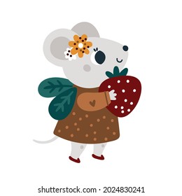 Cute mouse with sweet strawberry isolated on white background. Baby animal illustration for kids. Little mice with fruit. Childish vector cartoon character for children. For nursery print, clothing