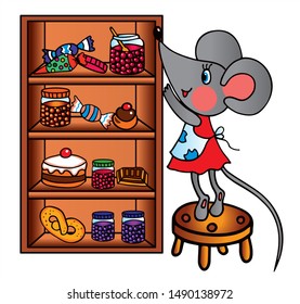 Cute mouse is taking a jar of cherry from the cabinet. Coloed vector for card or gift.