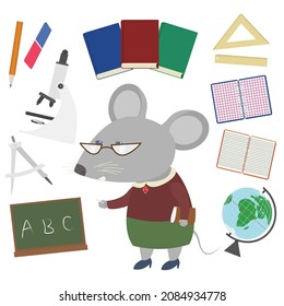 Cute-Maus-Lehrer, umgeben von akademischen Fächern auf weißem Hintergrund auf Vektorgrafik