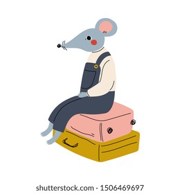Cute Mouse Tourist Sitting on Suitcase, Funny Humanized Animal Cartoon Character with Luggage Going on Vacation Vector Illustration
