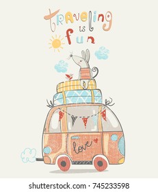 cute mouse traveling on a bus. hand drawn vector illustration.