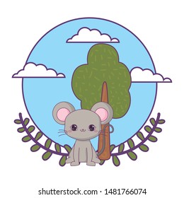 cute mouse with tree plant and crown leafs
