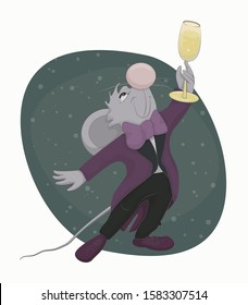 cute mouse in tuxedo raises a glass of champagne funny vector illustration 