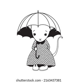 cute mouse under umbrella vector illustration, animal clipart with cartoon character