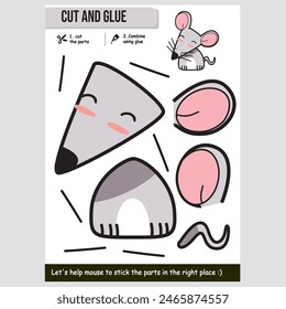 Cute mouse vector illustration for kids educational paper cut and glue game