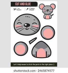 Cute mouse vector illustration for kids educational paper cut and glue game