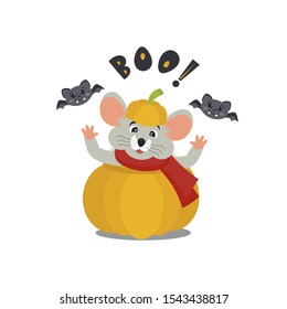 Cute Mouse. Vector illustration lettering for Halloween Boo and pumpkin for decoration, presents, invitation, children room, nursery decor, t-shirt. Concept of Happy Halloween