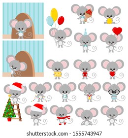 Cute mouse vector set isolated on white background - flat design cartoon character with ballons, cheese, medal, book, christmas tree, santa clause hat, birthday cap, gift, heart, coin, cup, garland.