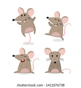 Cute mouse vector set. Little rat has long tail collection.  Animal wildlife cartoon character.