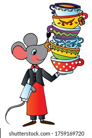 Cute mouse waiter is carrying many cups of coffee. Colored vector for card or gift. 
