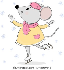 Cute mouse in warm clothes on skates. Colorful vector illustration on white background. Hand-drawn. Greeting card for New year and Christmas.