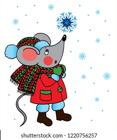 Cute mouse is watching a big snowflake in the winter snow. Colored vector for card or gift. 