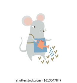Cute mouse watering plants sprouts in a garden. Cartoon funny rat enjoys gardening. Humanized symbol of 2020 Chinese animal zodiac. Vector isolated illustration