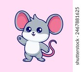 Cute Mouse Waving Hand Cartoon Vector Icon Illustration. Animal Nature Icon Concept Isolated Premium Vector. Flat Cartoon Style