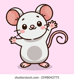 cute mouse waving hand cartoon character flat color vector illustration template design