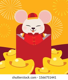 The cute mouse wear chinese suit and sitting in the big letter in flat vector style. year of the rat. Illustration about chinese new year.