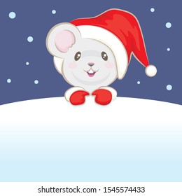 Cute Mouse Wearing Christmas Hat And Red Glove In The Snow Ground With The  Snowy Background , Blank White Space For Your Text  