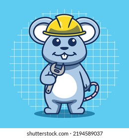 Cute Mouse Wearing Construction Hat And Holding Wrench Vector Illustration.