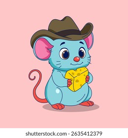 Cute Mouse Wearing Cowboy Hat And Holding Cheese Cartoon Vector Illustration