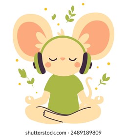 Cute mouse wearing headphones sits in lotus pose and meditates. flat vector illustration in child style 