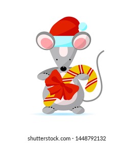 Cute mouse wearing a Santa hat holds Christmas candy. Creative character  for 2020 New Year on white background. Rat symbol of the year in the Chinese calendar. Vector illustration. Funny design.