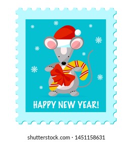 Cute mouse wearing a Santa hat holds Christmas candy. Creative character  for 2020 New Year on postcard background. Rat symbol of the year in the Chinese calendar. Vector illustration. Funny design