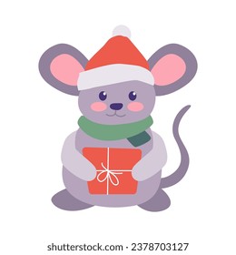 cute mouse wearing scarf and winter had holding christmas gift box present vector animal illustration design