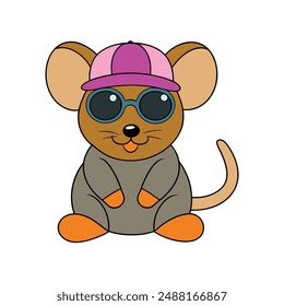  Cute Mouse Wearing Sunglass Cap Vector Illustration.Playful mouse in sunglasses and cap, vector illustration..
