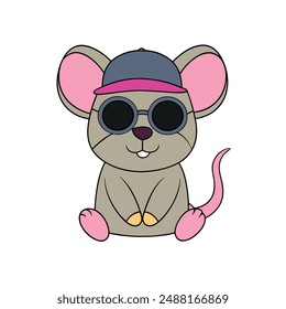  Cute Mouse Wearing Sunglass Cap Vector Illustration.Playful mouse in sunglasses and cap, vector illustration..