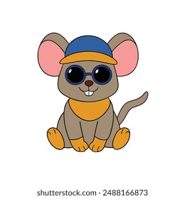  Cute Mouse Wearing Sunglass Cap Vector Illustration.Playful mouse in sunglasses and cap, vector illustration..