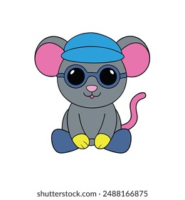  Cute Mouse Wearing Sunglass Cap Vector Illustration.Playful mouse in sunglasses and cap, vector illustration..