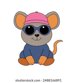  Cute Mouse Wearing Sunglass Cap Vector Illustration.Playful mouse in sunglasses and cap, vector illustration..