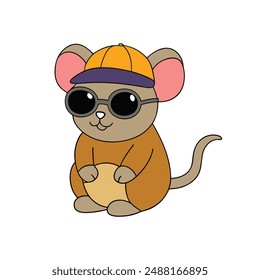  Cute Mouse Wearing Sunglass Cap Vector Illustration.Playful mouse in sunglasses and cap, vector illustration..