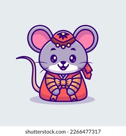 Cute Mouse Wearing Traditional China Costume Cartoon Vector Icon Illustration. Animal Holiday Icon Concept Isolated Premium Vector. Flat Cartoon Style