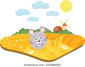 A cute mouse in a wheat field eats grains among daisies. In the distance one can see a mill barn and green heaps. The sun is shining and the clouds are floating