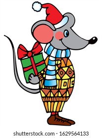Cute mouse in a winter sweater is holding a big present. Colored vector for card or gift. 