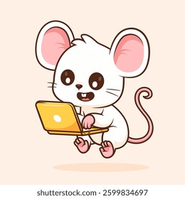 Cute Mouse Working On Laptop Cartoon Vector Icon Illustration. Animal Technology Icon Concept Isolated Premium Vector. Flat Cartoon Style
