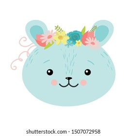 Cute mouse in a wreath of flowers. Raster illustration in flat cartoon style.