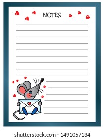 Cute mouse is writing a letter on a notebook paper. Colored vector for card or gift.