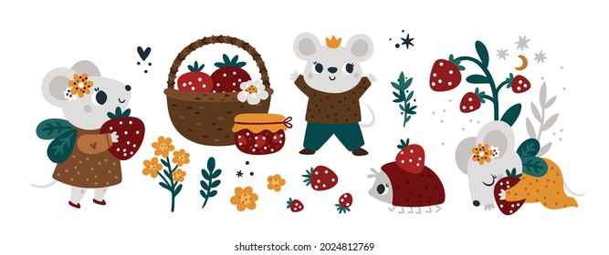 Cute mouses collection with fruits. Mouse in garden collects strawberries. Mice animal bundle. Baby animals set in cartoon style for kids clothing, stickers, cards, poster, prints, room decoration.