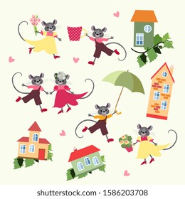 Cute mouses with flowers and houses. Illustration for cards and posters with symbol of 2020 year. 