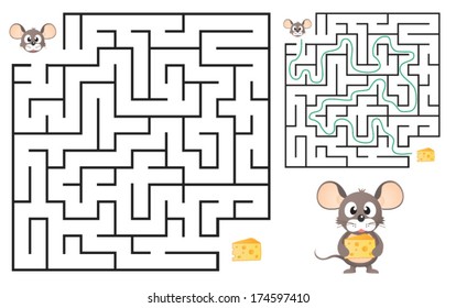 Cute Mouse's Maze Game (help mouse to find his cheese) Maze puzzle with solution. Vector illustration