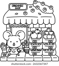 Cute Mouse's Organic Shop, easy coloring for kids, vector, illustration, coloring book, coloring page