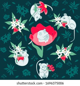 Cute mouses set in cartoon style on green background. Greeting card. Cartoon mice. Cute mice set. 