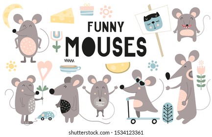 Cute mouses set. Hand drawn. Doodle cartoon mice and graphic elements for nursery posters, cards, kids t-shirts. Vector illustration. Symbol of 2020 new year.